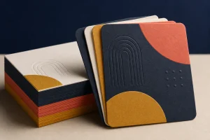 Premium textured business cards in navy, coral, gold and cream