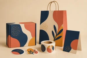 Printed packaging, shopping bag, labels, stickers and a display sign