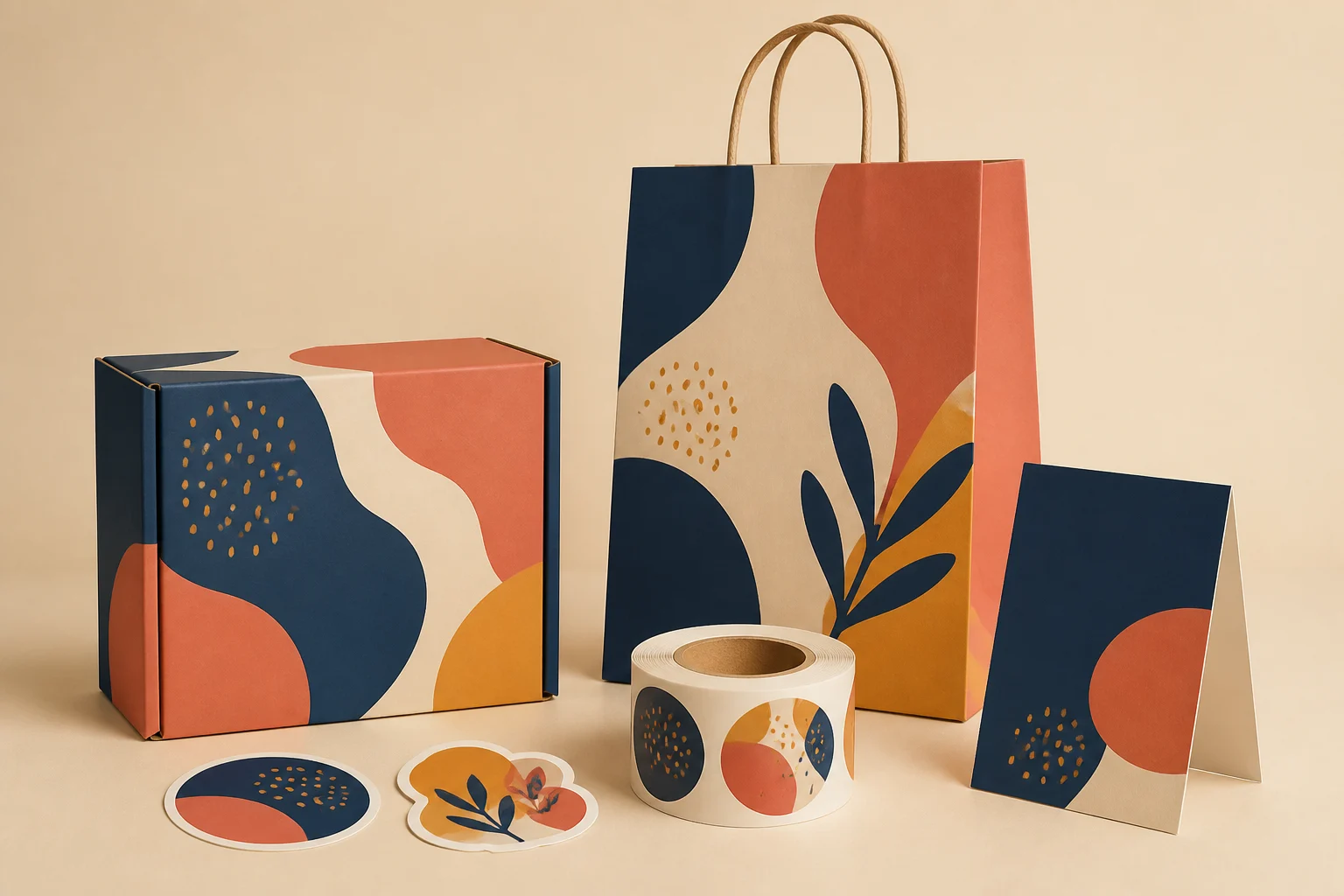 Printed packaging, shopping bag, labels, stickers and a display sign